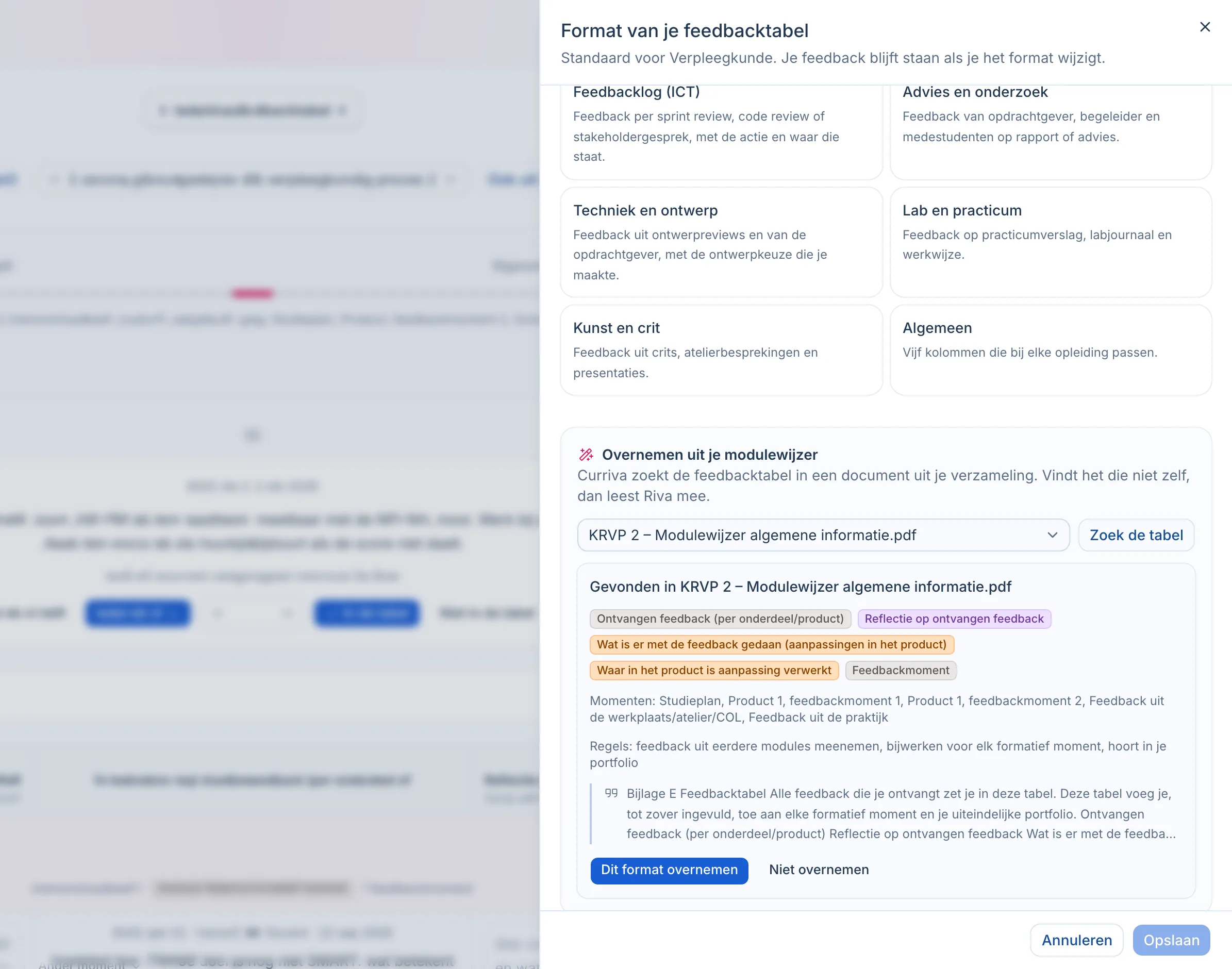 Het venster Format van je feedbacktabel: Curriva vond de feedbacktabel in de modulewijzer van KRVP 2, met de kolommen, de feedbackmomenten en de regels van de opleiding.