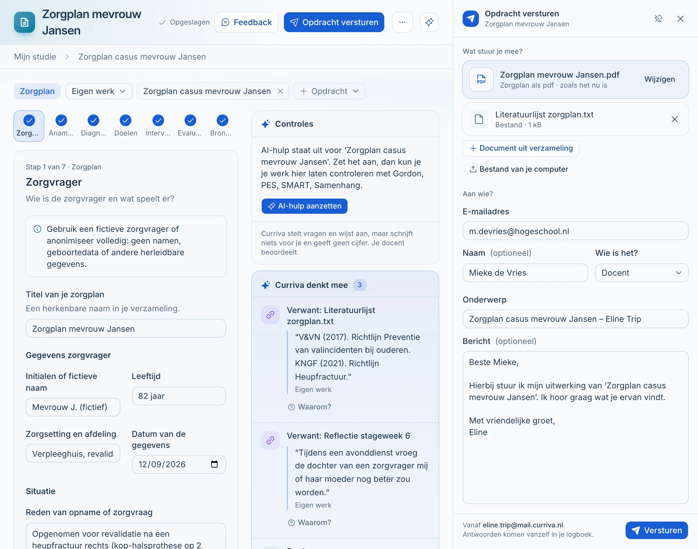 Een zorgplan in Curriva met rechts het venster Opdracht versturen: het zorgplan als pdf en een literatuurlijst als bijlage, Mieke de Vries als ontvanger, een onderwerp en een kort bericht.