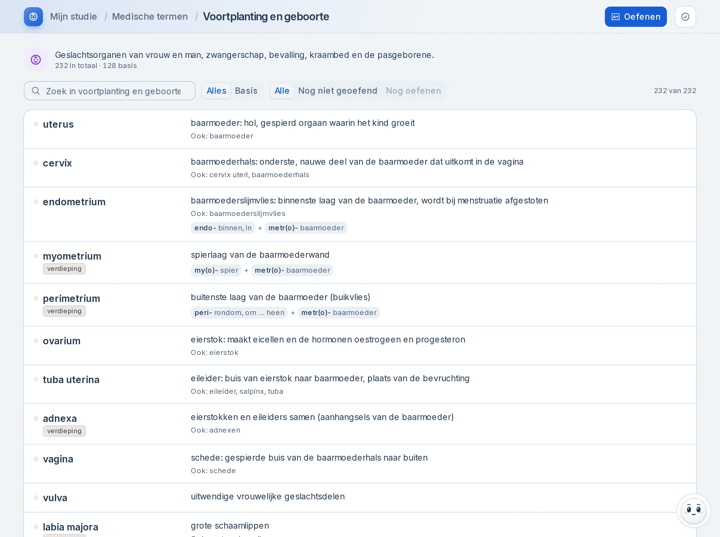 Het onderdeel Voortplanting en geboorte in Medische termen: 232 termen, met filters voor alles of basis en voor nog niet geoefend. Elke regel toont de term, de betekenis, andere namen en de woorddelen, zoals endometrium: endo- (binnen) plus metr(o)- (baarmoeder).