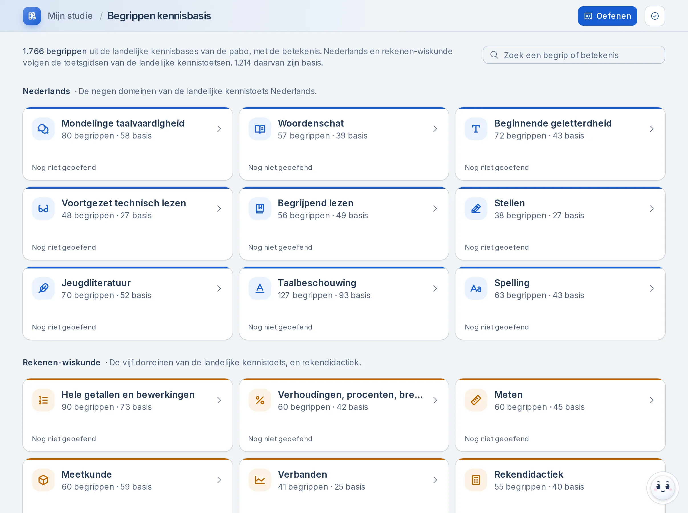 Begrippen kennisbasis in Mijn studie: 1.766 begrippen uit de landelijke kennisbases van de pabo, met een zoekveld en de knop Oefenen. Daaronder de negen domeinen van Nederlands, zoals Woordenschat, Beginnende geletterdheid en Spelling, en de domeinen van rekenen-wiskunde, elk met het aantal begrippen.